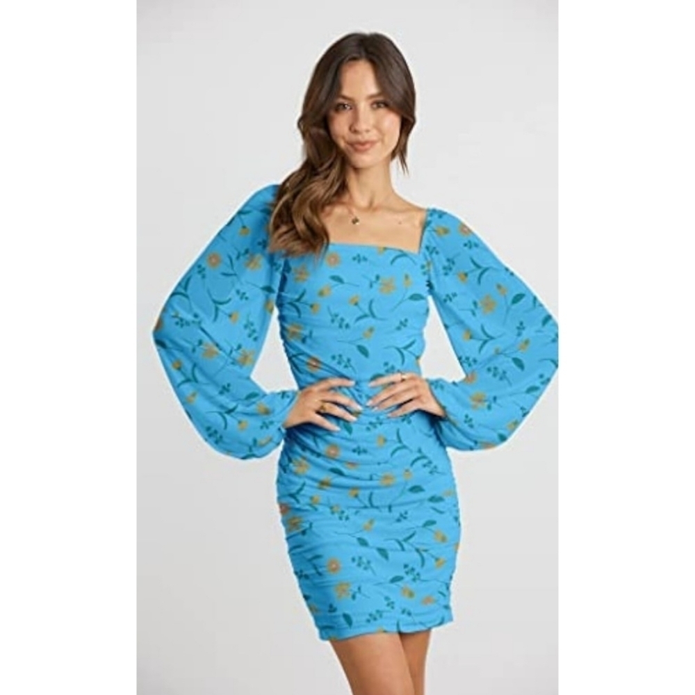 Floral Long Sleeve Ruched Mesh Bodycon Dress